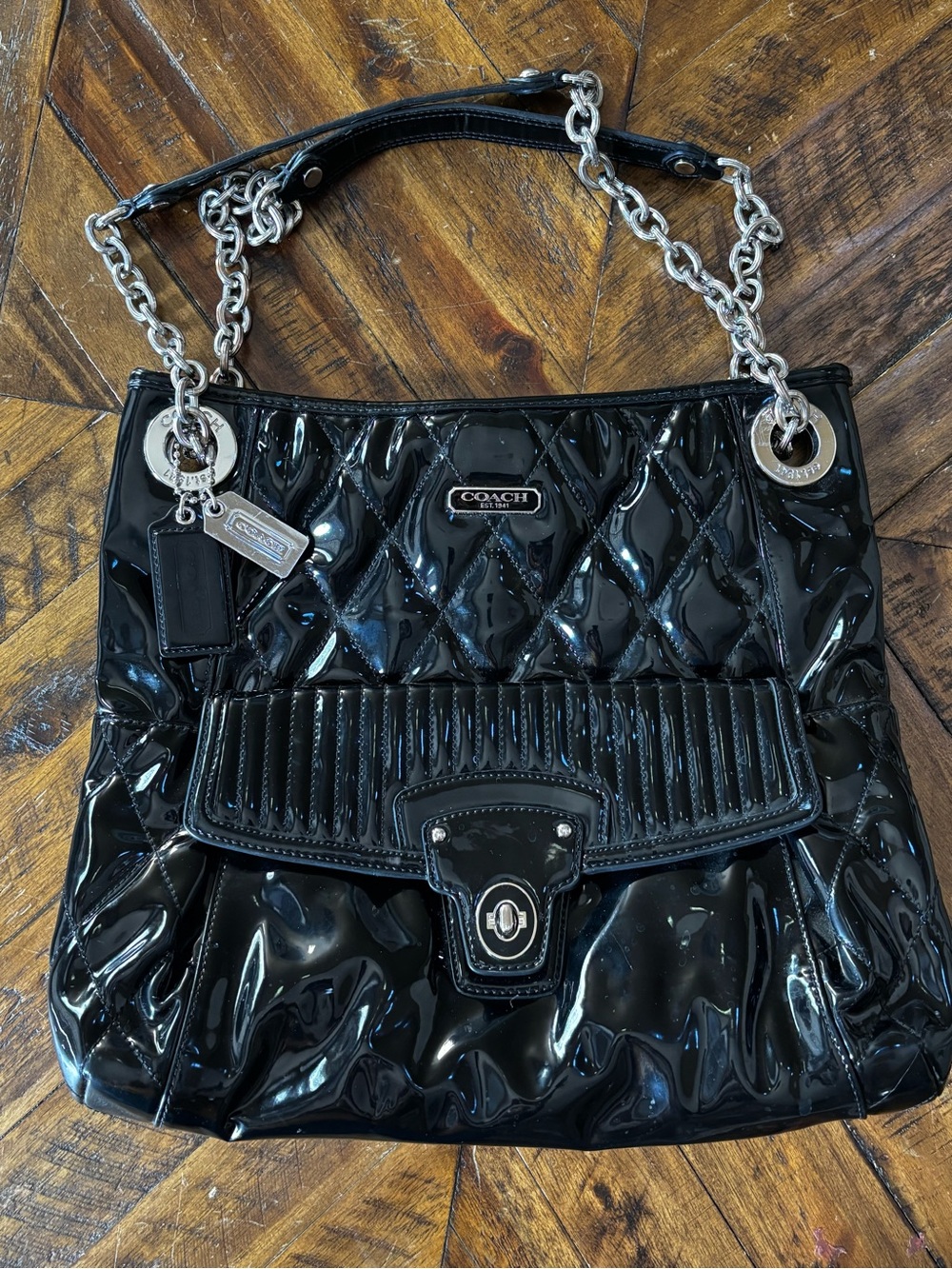 Y2K Vintage Rare Coach Poppy Pink Quilted Patent Leather Slim Tote Shoulder Bag - Picture 1 of 3